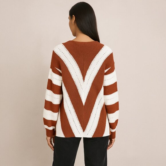 🆂🅰🅻🅴 A258-A • Brick & White Chevron Stripe V-Neck Sweater - Picture 2 of 4